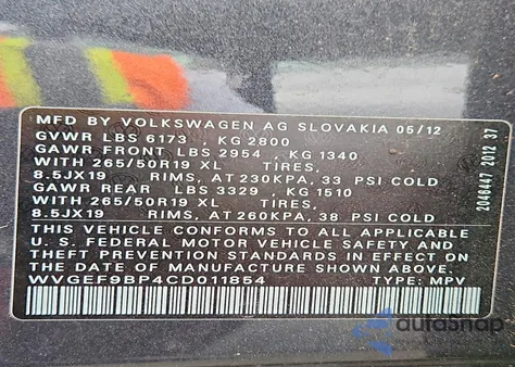 2012 Volkswagen Touareg V6 z USA, uszkodzony, nr VIN WVGEF9BP4CD011854